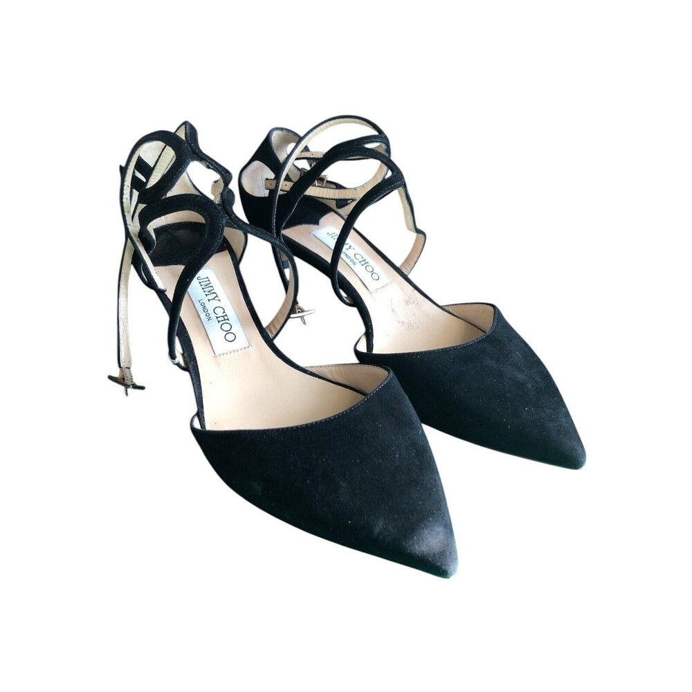 Jimmy Choo Black Suede Ankle Strap Low Heel sz 38